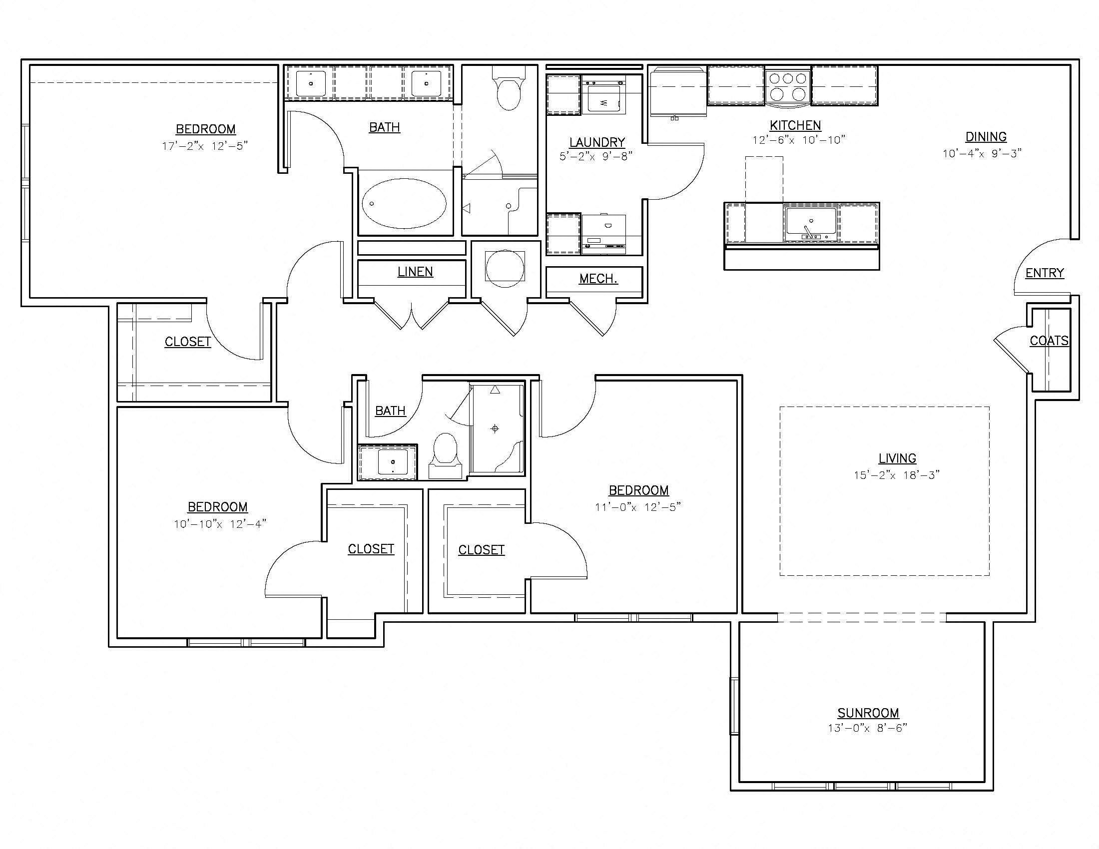 Floor plan for 3 beds, 2 baths, 1743 sqft
